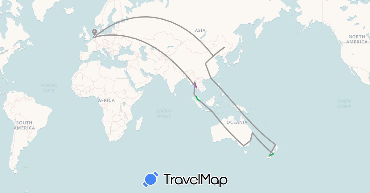 TravelMap itinerary: bus, plane, train in Australia, China, Hong Kong, Indonesia, Malaysia, Netherlands, New Zealand, Singapore, Thailand (Asia, Europe, Oceania)
